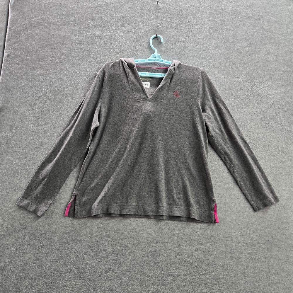 Lauren Ralph Lauren Women Sweatshirt Large Gray V Neck Hoodie Cotton‎ Pullover